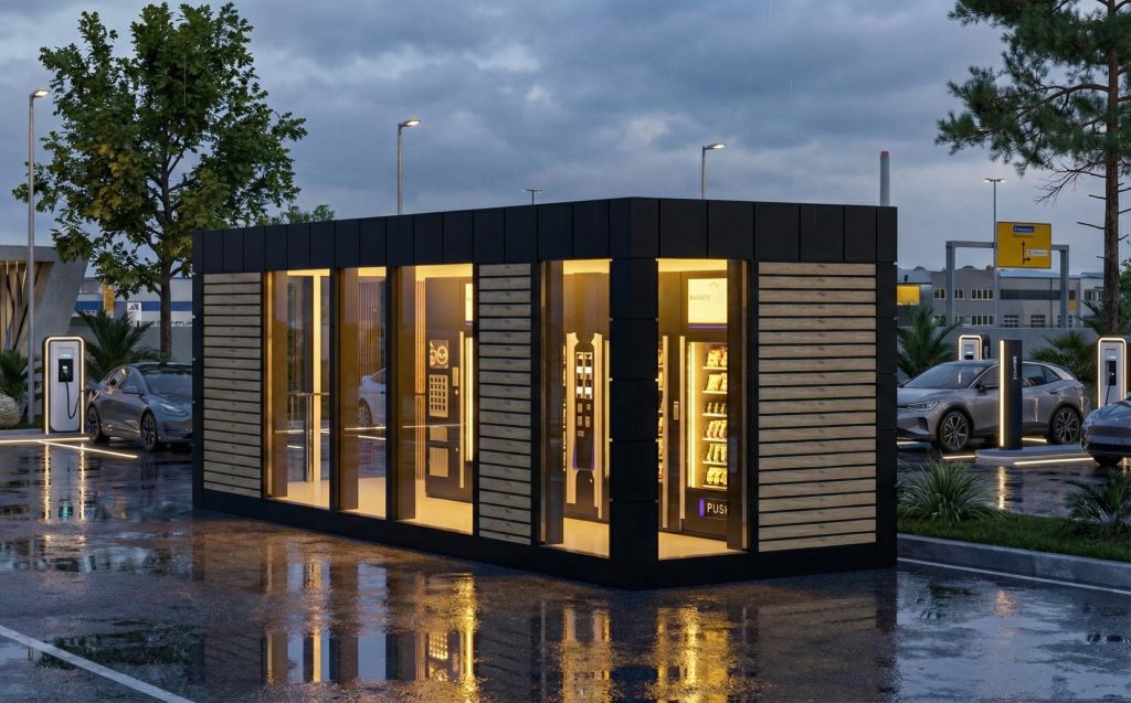 24/7 Smart Store Container für Ladeparks - Automatisierte Verpflegung & Vending